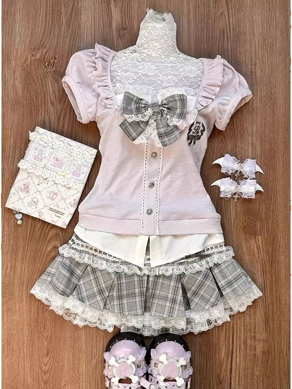 Summer Short Set - Roze kanten patchwork top voor dames