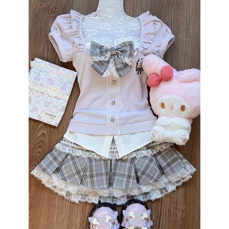 Roze kanten patchwork top voor - Summer Short Set recensie en prijs